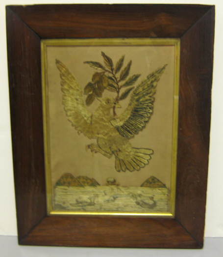 Appraisal: VICTORIAN NEEDLEWORK COMPOSITION Embroidered and cut-out eagle with olive branch