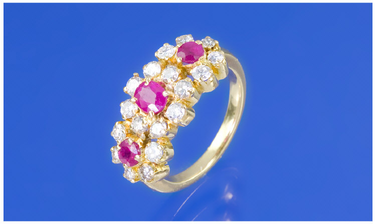 Appraisal: Ladies Cluster Ring Three Central Round Red Stones Surrounded By