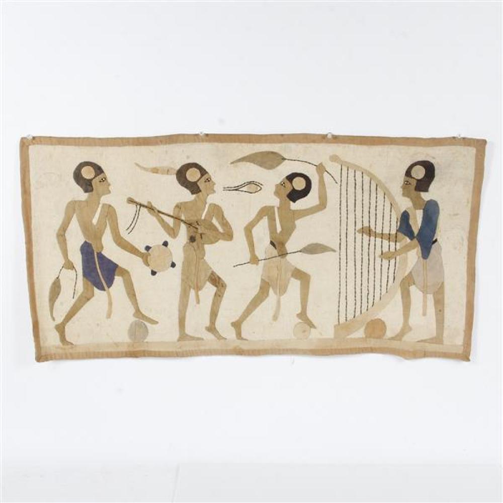 Appraisal: VINTAGE HAND SEWN EGYPTIAN TEXTILE TAPESTRY PANEL WITH FIGURES PLAYING