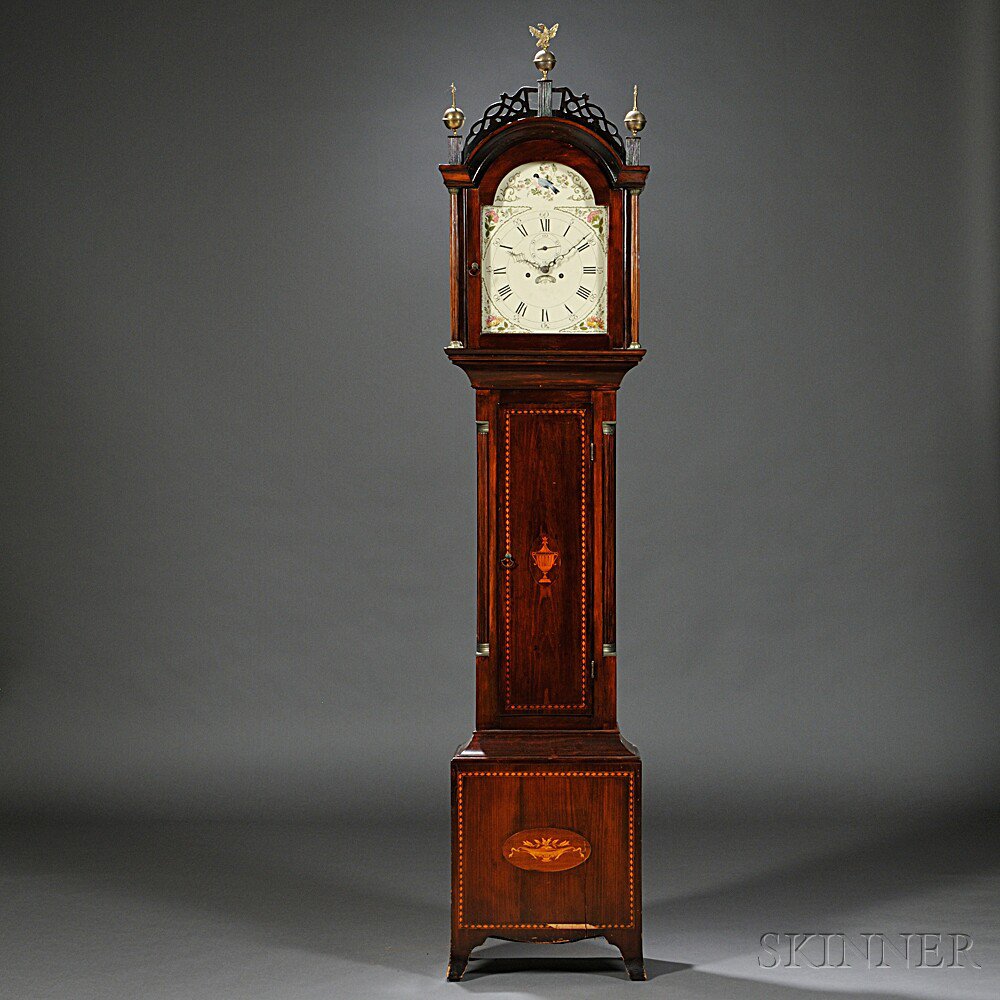 Appraisal: Federal Mahogany-stained Pine Tall Clock New England th century fret-top