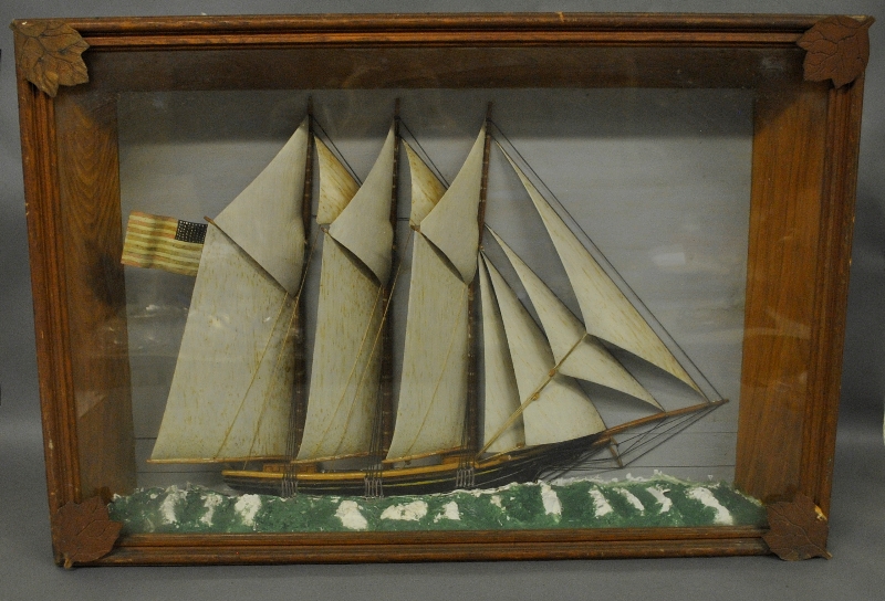 Appraisal: - Large cased diorama c of a three-masted coastal schooner