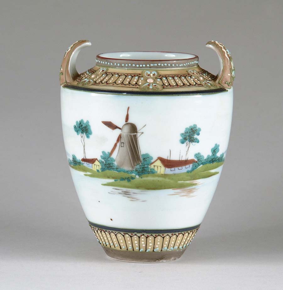 Appraisal: NIPPON TWO HANDLED VASE Decoration of a windmill with bands