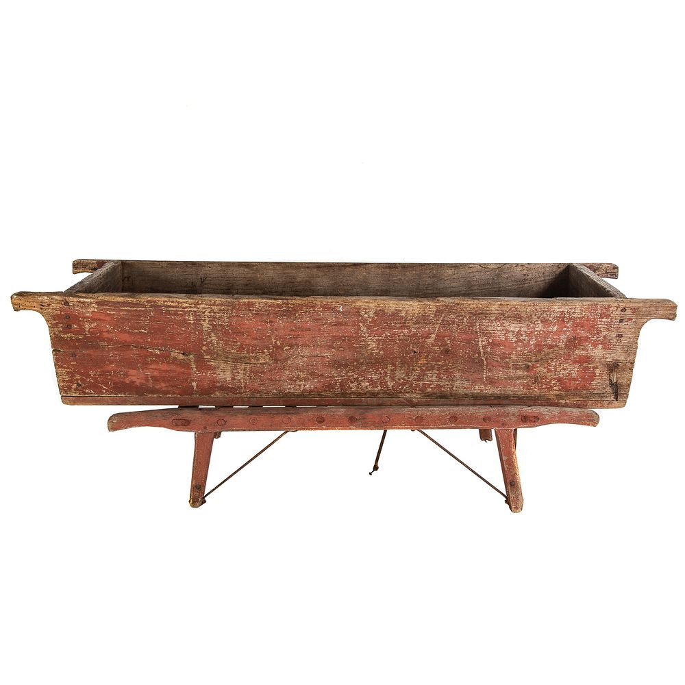 Appraisal: Primitive Painted Hog Scalding Trough on Stand Painted pine trough