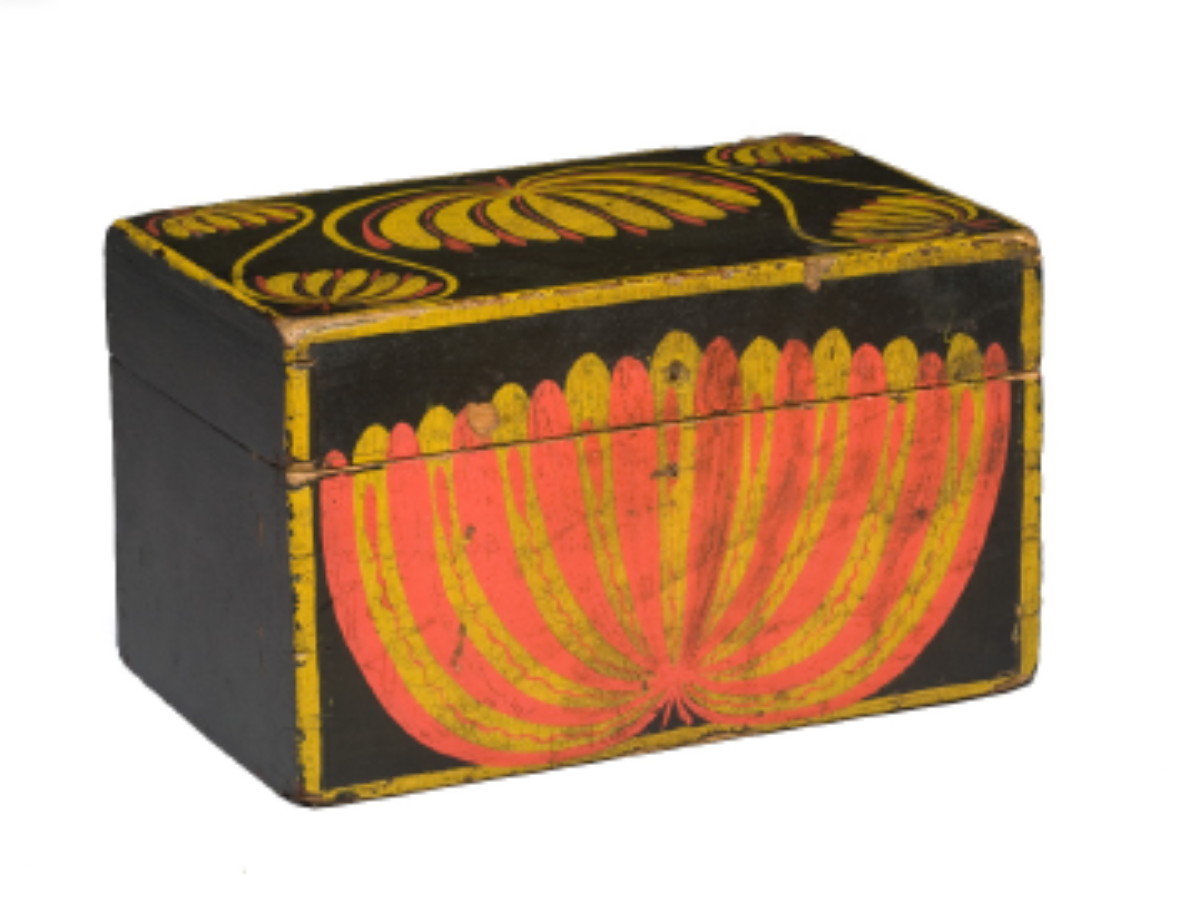 Appraisal: AMERICAN PAINT-DECORATED FLAT-TOP BOX CIRCA Lid and case decorated with