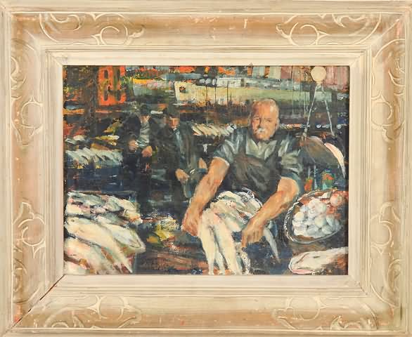 Appraisal: Fish market scene oil on panel x SLL Artist American