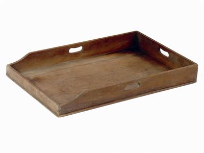 Appraisal: A th century mahogany butler's tray with three pierced hand