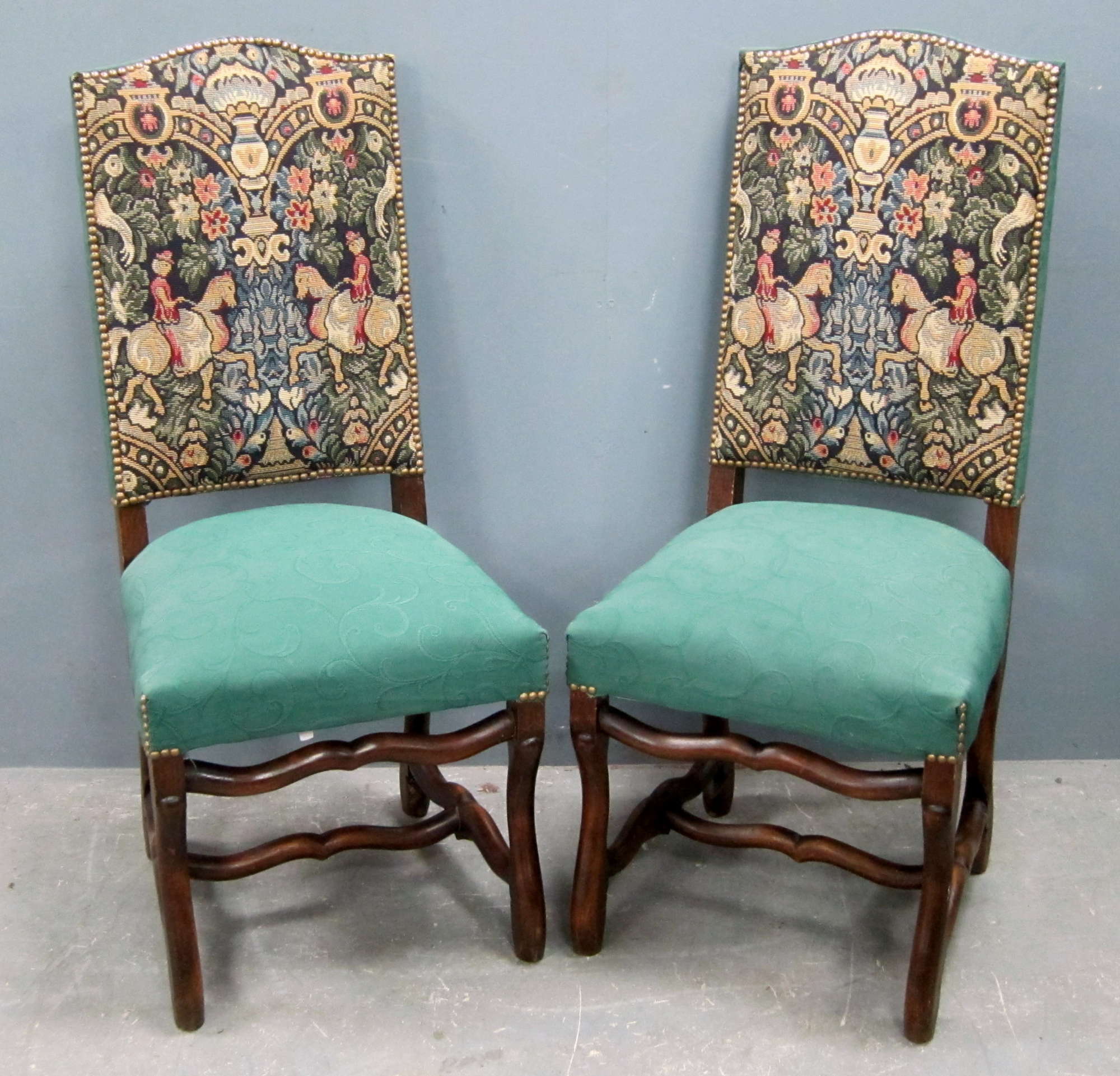 Appraisal: Set of four oak framed and upholstered chairs with tapestry