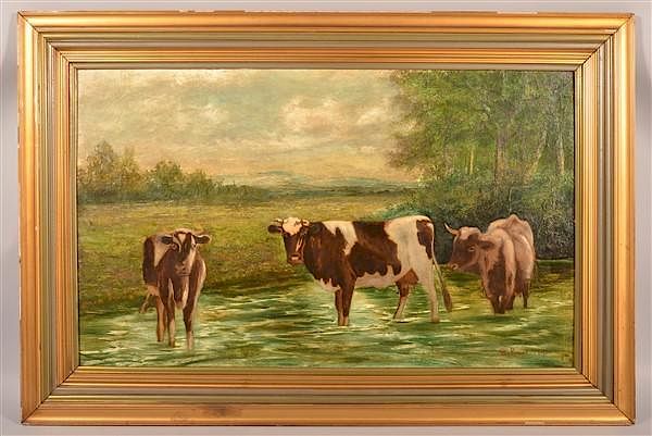 Appraisal: Oil on Canvas Depicting Cows in a Stream Oil on