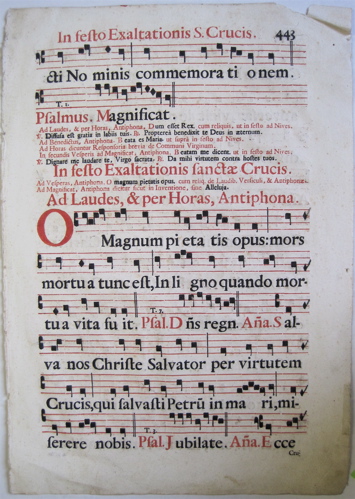 Appraisal: HAND MADE PAPER PAGE OF AN ANTIPHONER the end of