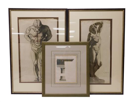 Appraisal: Three pieces of framed art pair of charcoal on paper