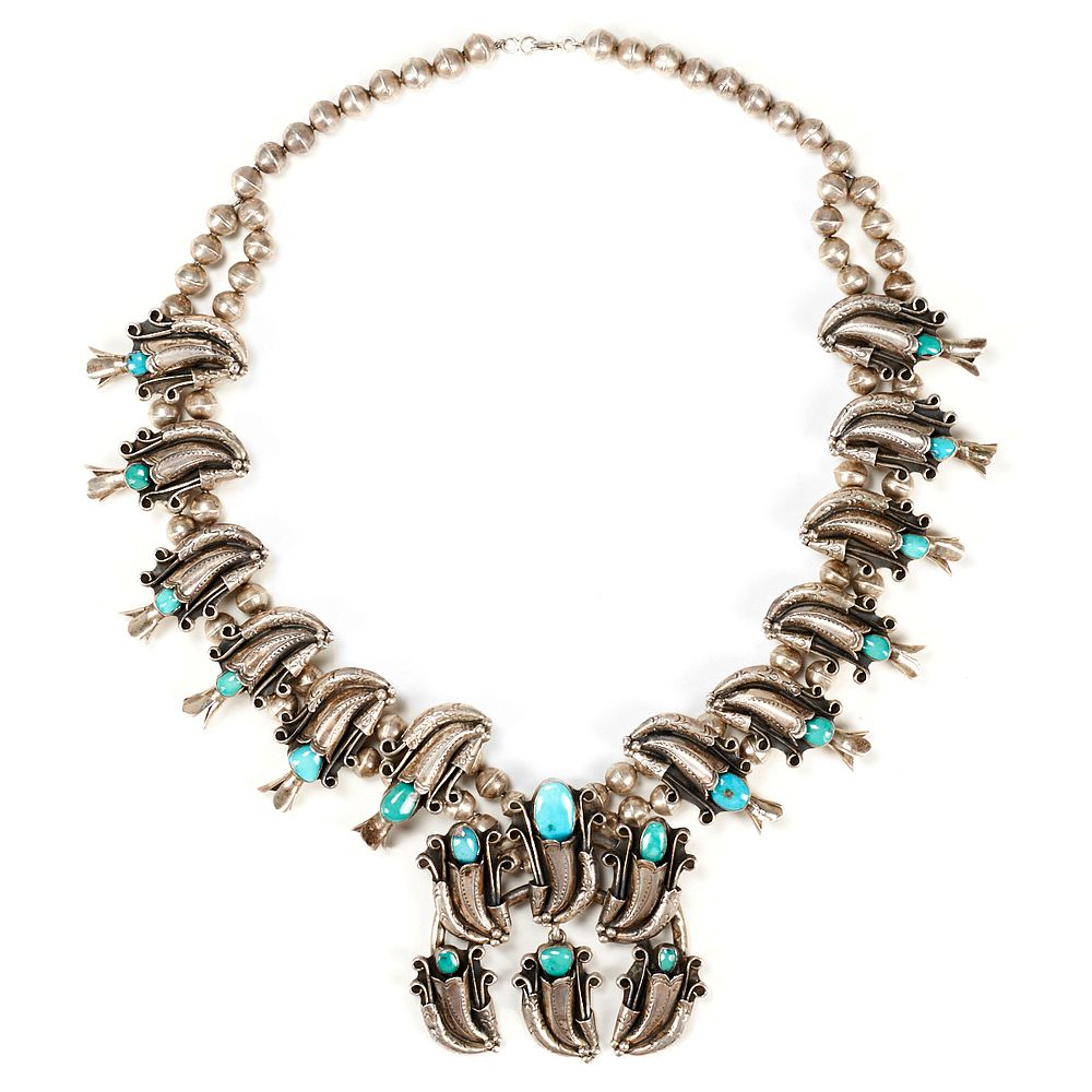 Appraisal: Bisbee Turquoise Sterling Squash Blossom Necklace One Native American sterling