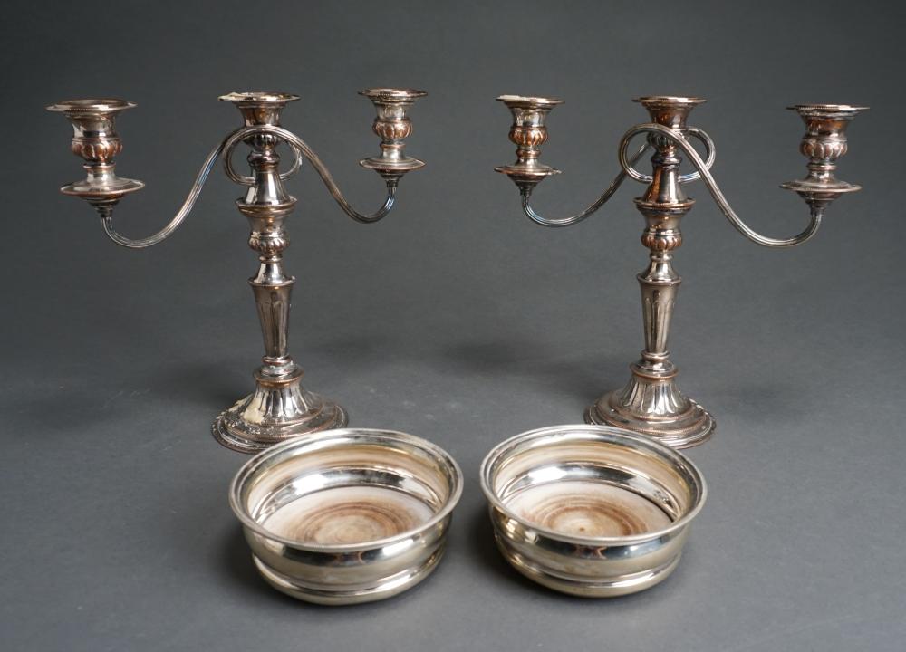 Appraisal: Pair Sheffield Silver Plate Convertible Three-Light Candelabra and Pair Bottle