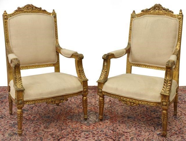 Appraisal: pair French Louis XVI style giltwood armchairs th c having