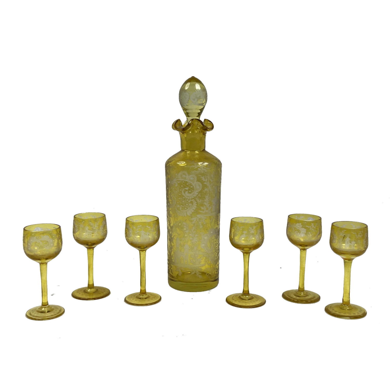 Appraisal: pc Bohemian Glass Decanter Six Stem Cordial glasses Yellow cut