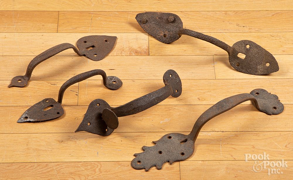 Appraisal: Five wrought iron thumb latches Five wrought iron thumb latches