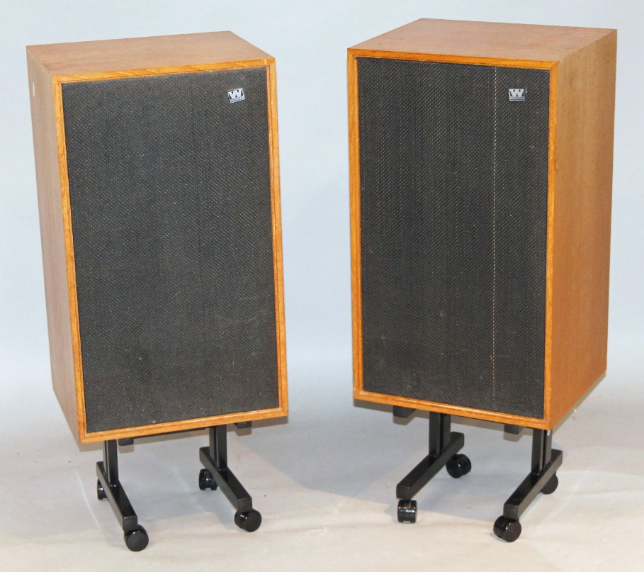 Appraisal: A pair of Wharfedale music speakers in wooden surrounds with