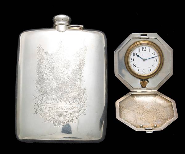 Appraisal: A sterling group flask and traveling clock The pint flask