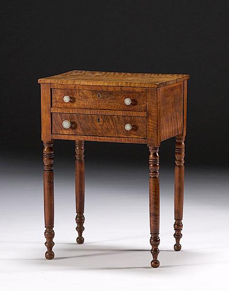 Appraisal: CURLY AND BIRD'S-EYE MAPLE TWO-DRAWER STAND Mid-Atlantic states ca -