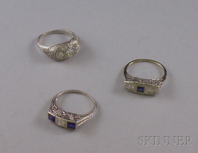 Appraisal: Three Art Deco Diamond Rings including a platinum and three-stone