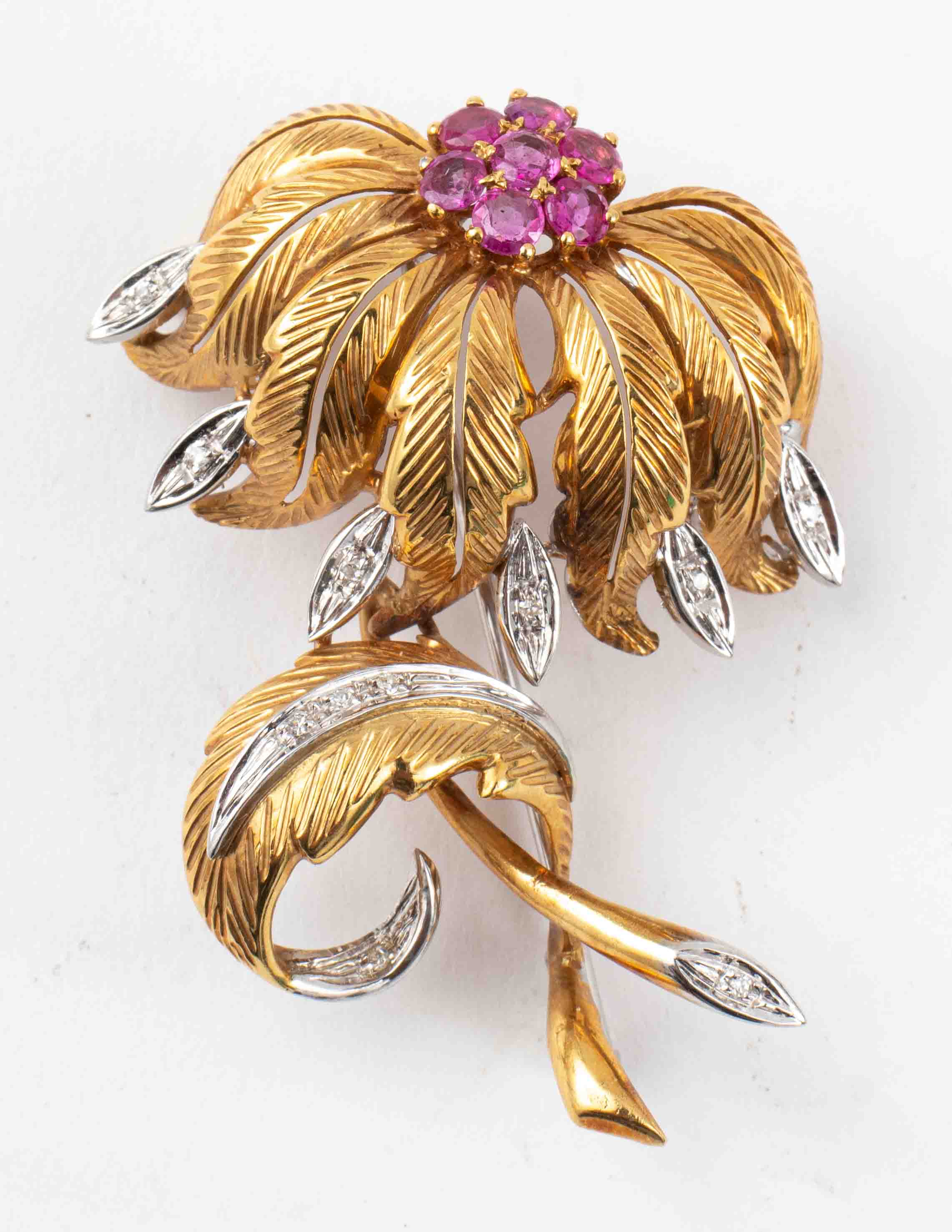 Appraisal: ITALIAN K GOLD RUBY DIAMOND FLORAL BROOCH Vintage 's Italian