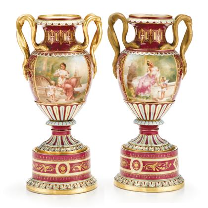 Appraisal: Pair of Royal Vienna porcelain urns on stand late th