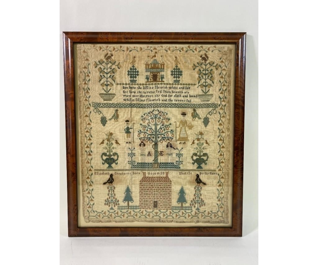 Appraisal: Silk on linen sampler wrought by Elizabeth Greatorex born Dec