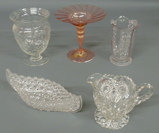 Appraisal: Five pieces of glassware- Murano compote h intaglio cut vase