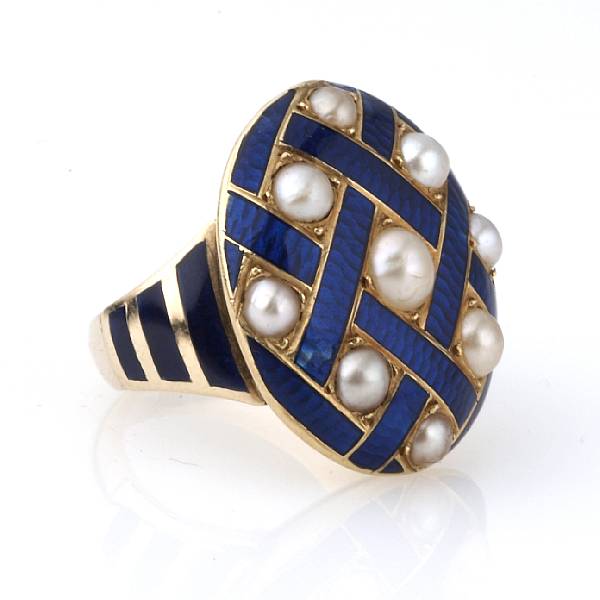 Appraisal: A blue enamel seed pearl and k gold ring minor