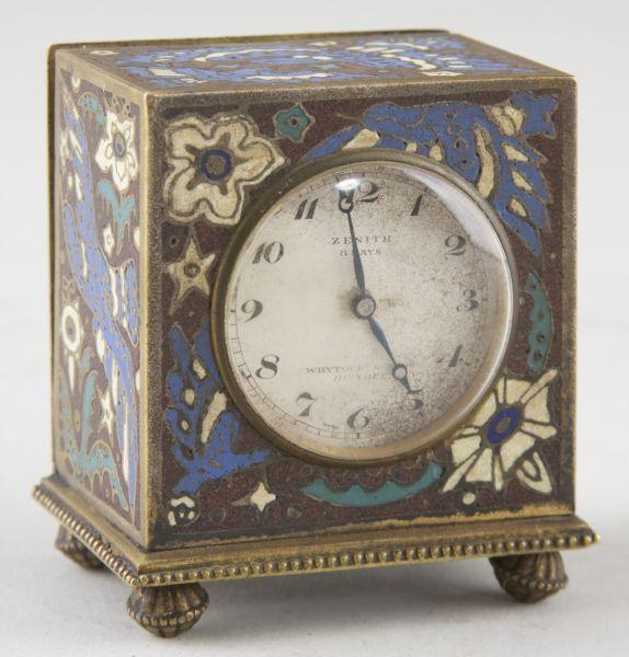 Appraisal: Zenith -Day Cloisonne Miniature Clock square case with bird and