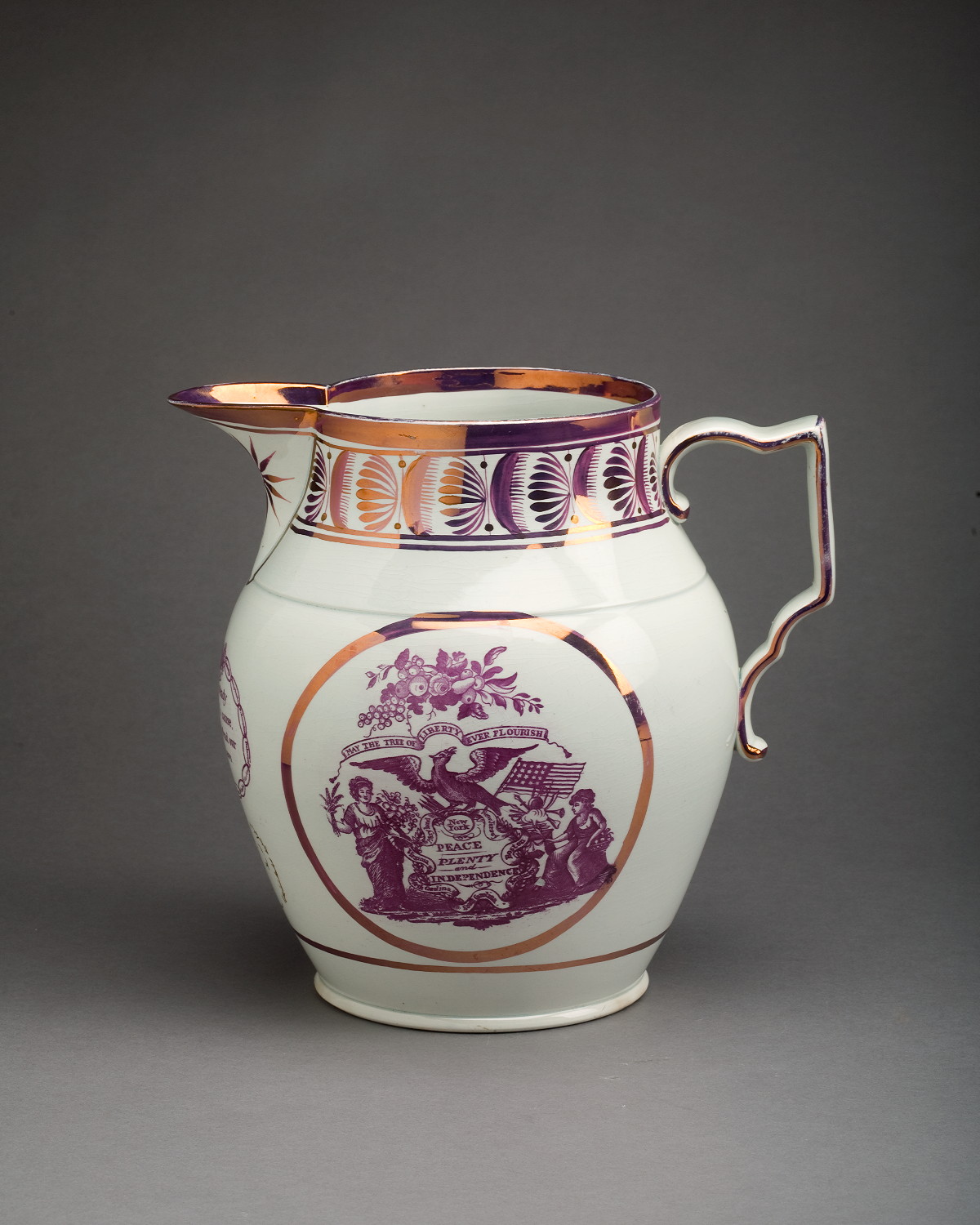 Appraisal: ENGLISH PEARLWARE PURPLE TRANSFER-PRINTED AND COPPER LUSTRE-DECORATED JUG STAFFORDSHIRE CIRCA