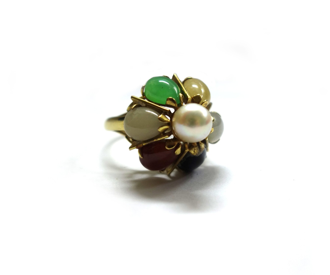 Appraisal: A Continental cultured pearl and multi-coloured jade cluster ring centred