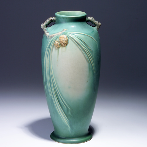 Appraisal: ROSEVILLE Green Pine Cone ovoid vase - Restoration to base