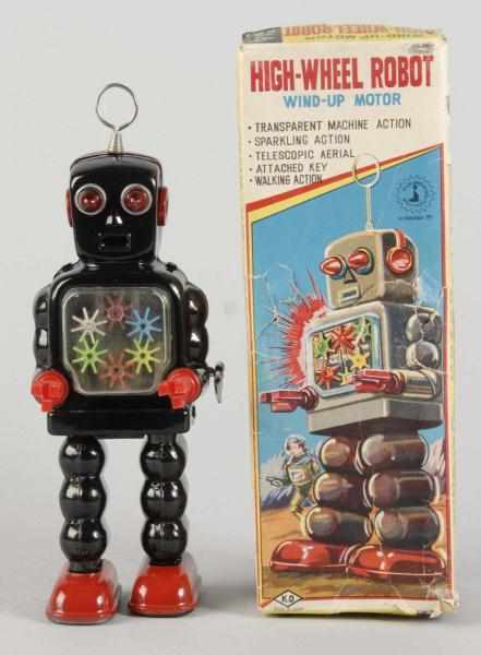 Appraisal: Tin Litho High-Wheel Robot Wind-Up Toy Description Japanese Working Made