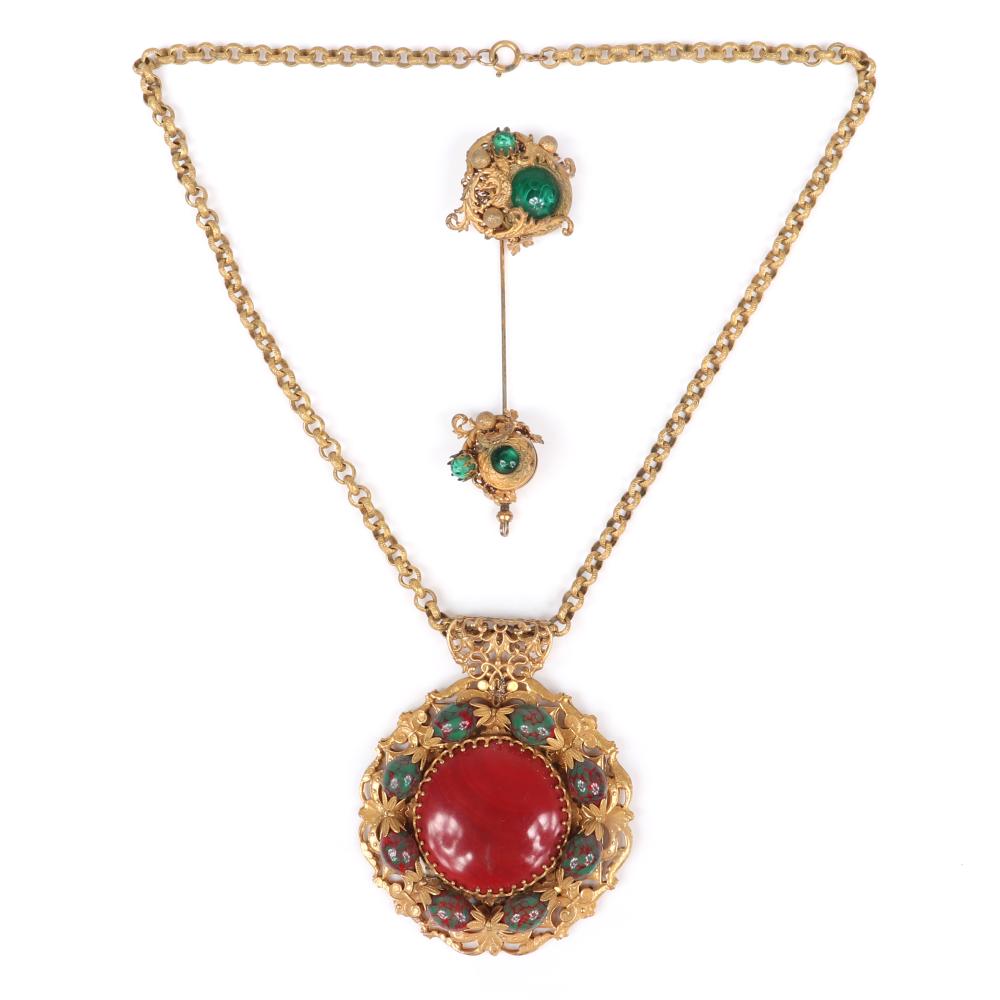 Appraisal: MIRIAM HASKELL BRASS LINK MEDALLION PENDANT NECKLACE WITH RED AND