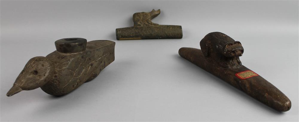 Appraisal: THREE STEATITE ANIMAL EFFIGY PIPES th C reproductions one bear