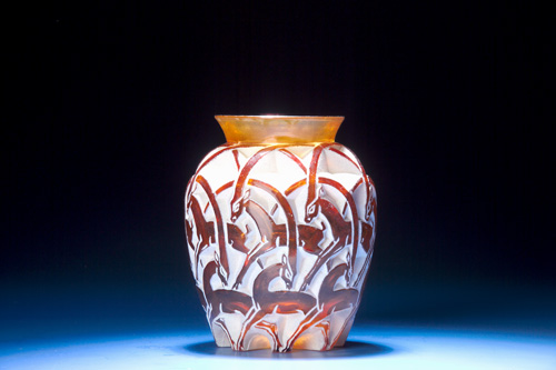 Appraisal: R LALIQUE Vase Chamois amber with white patina ca Stenciled