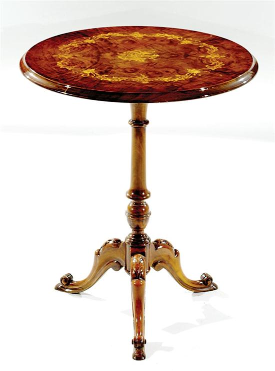 Appraisal: Continental walnut and marquetry lamp table circular top with C-scrolls