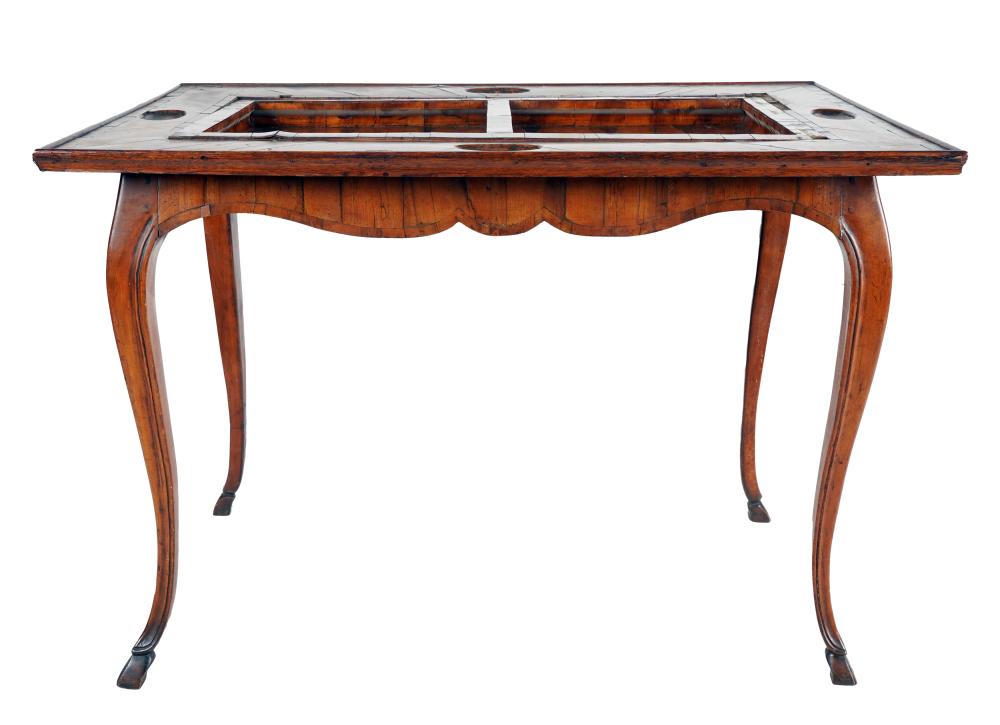 Appraisal: FRENCH PROVINCIAL WALNUT GAMES TABLEthe removable top inlaid with game