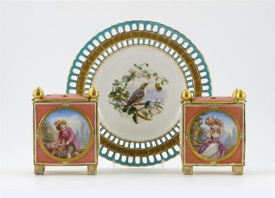 Appraisal: A pair of Minton c chepots and covers painted with