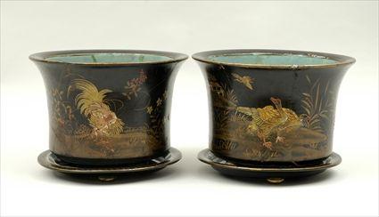 Appraisal: Pair of Japanned Terracotta Jardini res and Stands in in