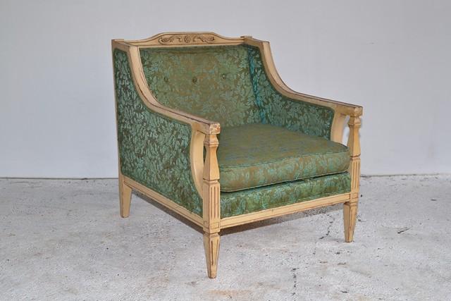 Appraisal: A PAIR OF LOUIS XVI STYLE BERGERES IN GREEN UPHOLSTERY