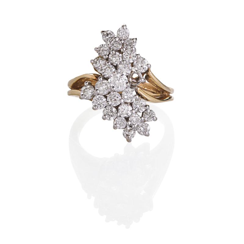 Appraisal: DIAMOND K GOLD CASCADE RING RBC diamonds approx cts TW