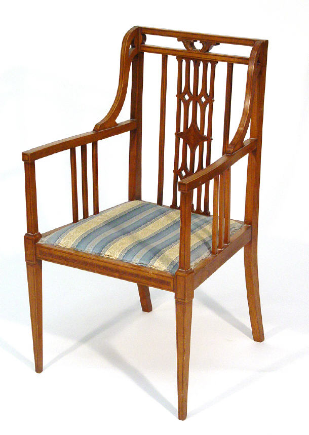 Appraisal: Victorian inlaid walnut open armchair with Regency striped seat