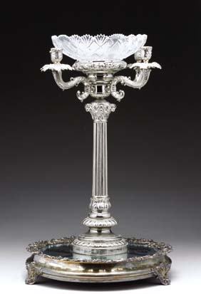 Appraisal: ANTIQUE ENGLISH SHEFFIELD CENTERPIECE Antique Sheffield silver-plated centerpiece columnar epergne