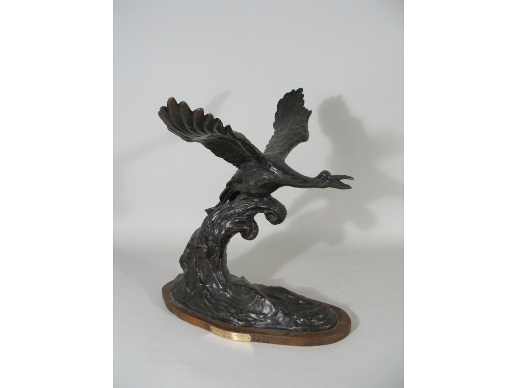 Appraisal: Artist-Signed Bronze Sculpture of Goose in Flight reading J Whitebird