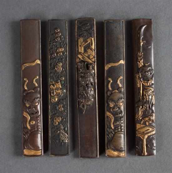 Appraisal: Five Japanese mixed metal kozuka knife handles th century each