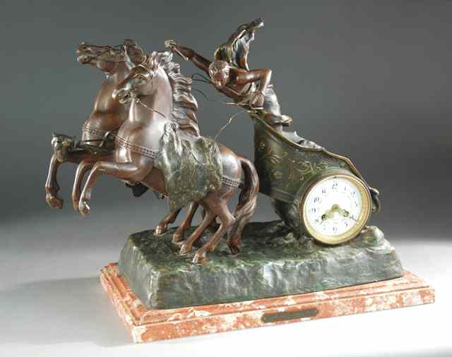 Appraisal: FRENCH BRONZED SPELTER STATUE CLOCK ''Course Romaine '' after the