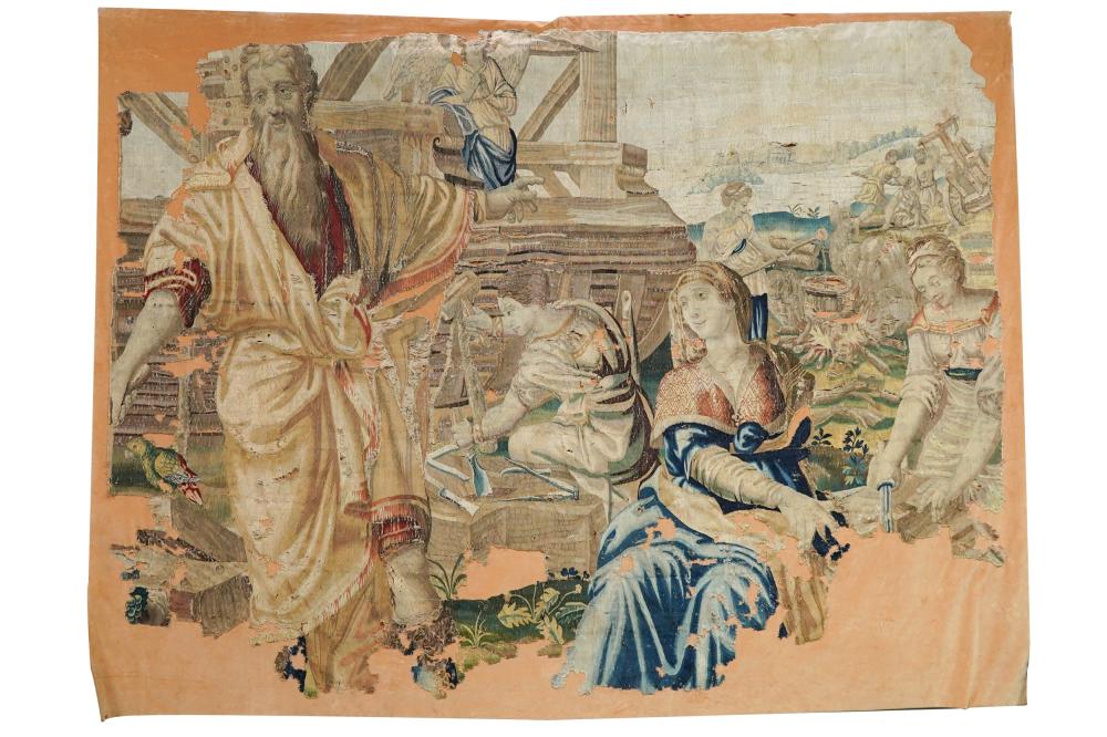 Appraisal: FLEMISH TAPESTRY FRAGMENTdepicting Noah and his family laid down on