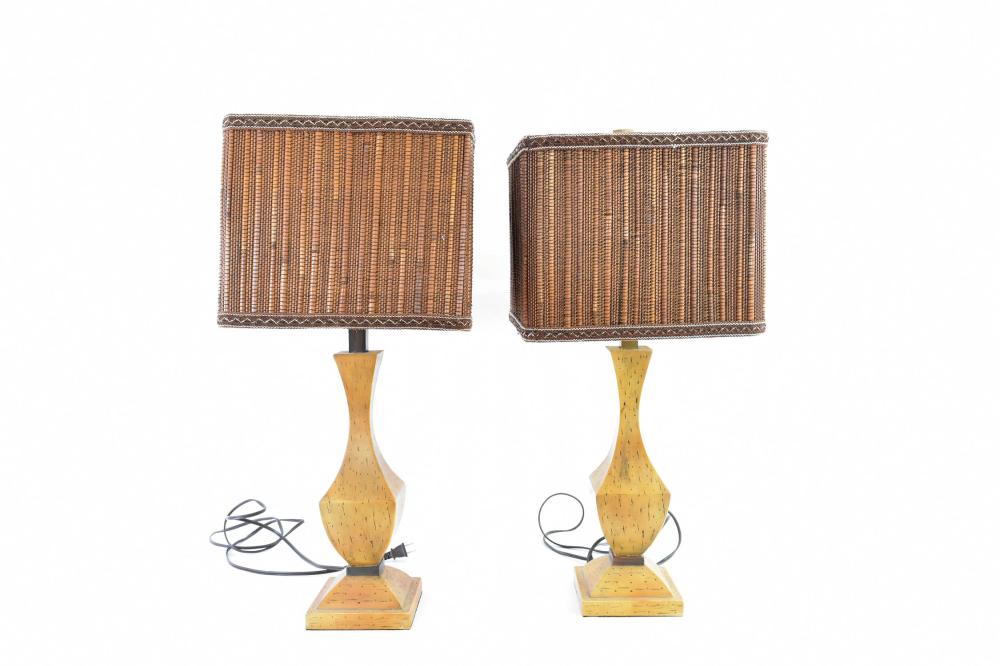 Appraisal: PAIR OF PAINTED WOOD LAMPS WITH HEMP SHADESThe lamps of