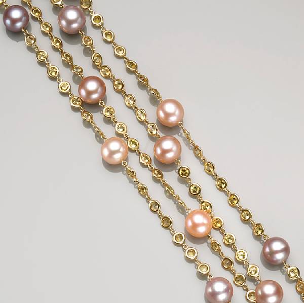 Appraisal: A multi-colored cultured pearl yellow tourmaline and k gold necklace